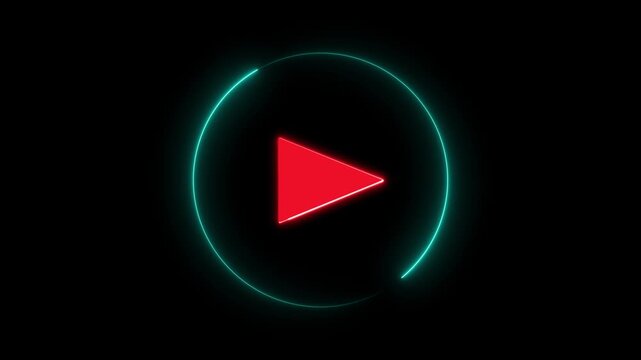 Red play button triangle inside cyan neon circle animation on black background. Glowing media control icon for video player interface, streaming content or digital playback motion graphic.