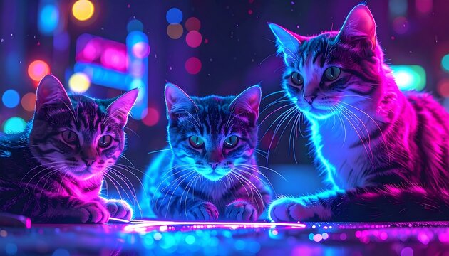 Three tabby cats are illuminated by neon lighting, set against a bokeh-filled, dark background, evoking a futuristic feel