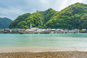 Sakitsu village fishing port and church in Amakusa Kumamoto Japan