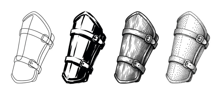 Four different styles of medieval arm guards with buckles and straps in a vintage engraved illustration.