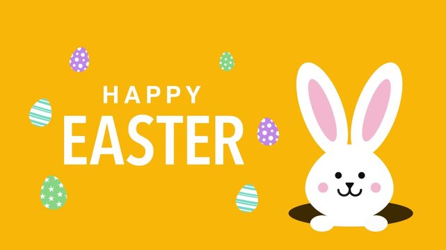 Happy Easter greeting card with cute white bunny and colorful eggs.