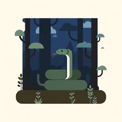 Obraz premium A cartoon-style illustration of a snake within a dark forest. Trees and foliage create a nighttime scene under a cloudy sky