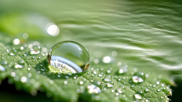 Macro shot of water droplets on a vibrant green leaf surface.