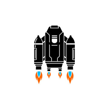 Black and white illustration of a futuristic jetpack with flames on white background.