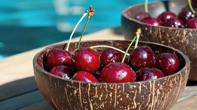 Luscious Cherries in Coconut Bowl: Close-up of ripe, glistening cherries nestled in a rustic coconut bowl, their deep red hue contrasting beautifully with the natural textures.