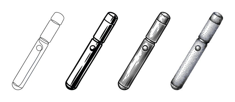 Electronic cigarette vape pen device vector illustration set showcasing different artistic styles including outline, solid, hatched, and stippled designs.