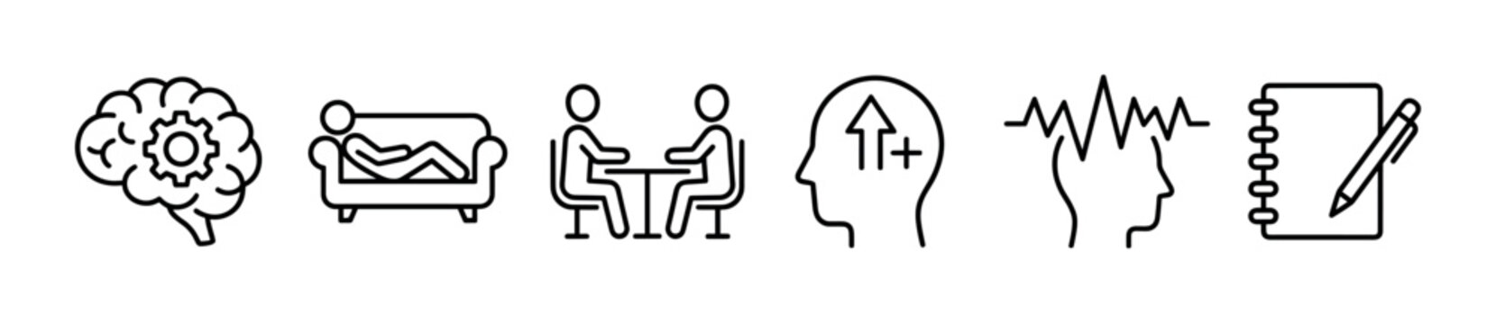 Mental health psychology therapy session icons representing various aspects of cognitive function, well-being, and personal growth.