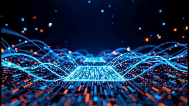 Digital data network circuit stream wave chip pattern glowing flow of futuristic energy