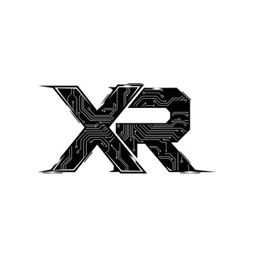 XR logo design with circuit board texture on white background.