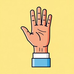 Fototapeta premium A cartoon illustration of a human hand, palm open and facing the viewer. The fingers are extended and visible. The skin tone is peach
