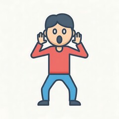 Fototapeta premium A cartoon illustration of a surprised person with raised hands, open mouth, and a bewildered expression. Blue, red and skin toned colors