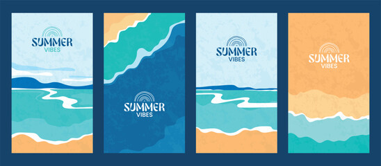 Summer vibes vector collection. Minimalist beach landscape set with ocean waves, textured sand, and coastal sea views for social media and posters. Vector illustration. © Grafiqwrk 2.0