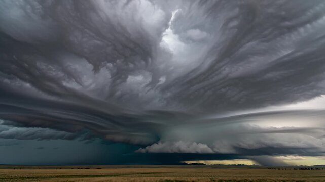 Dark, swirling storm clouds loom dramatically over a vast, flat prairie landscape, with heavy rain falling in the distance, symbolizing nature's raw power and impending change.