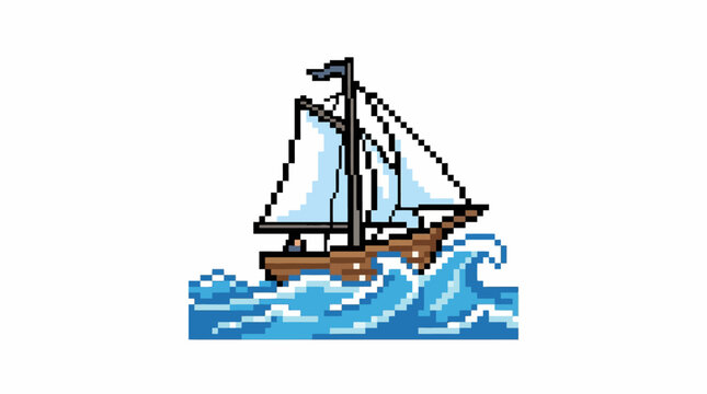 Pixel Art Sailing Ship on Wavy Ocean.