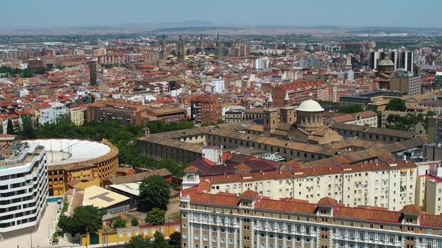 An Aerial panoramic view of the old town of the city  Saragossa on a sunny summer noon in Spain.