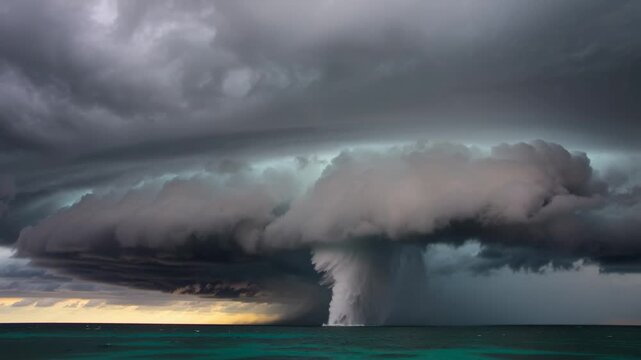 A powerful waterspout descends from a dark, turbulent storm cloud over a vast turquoise ocean, with a dramatic sky at dusk, symbolizing nature's raw power and unpredictable force.