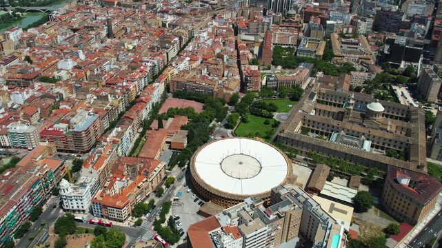 An Aerial panoramic view of the old town of the city  Saragossa on a sunny summer noon in Spain.