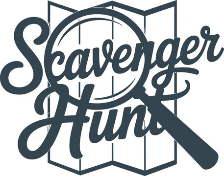 Scavenger hunt text design with magnifying glass and map icon for outdoor adventure activities