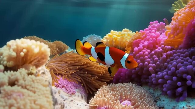 Vibrant Clownfish and Coral Reef: A lone clownfish swims serenely through a kaleidoscope of color within a thriving coral reef ecosystem.