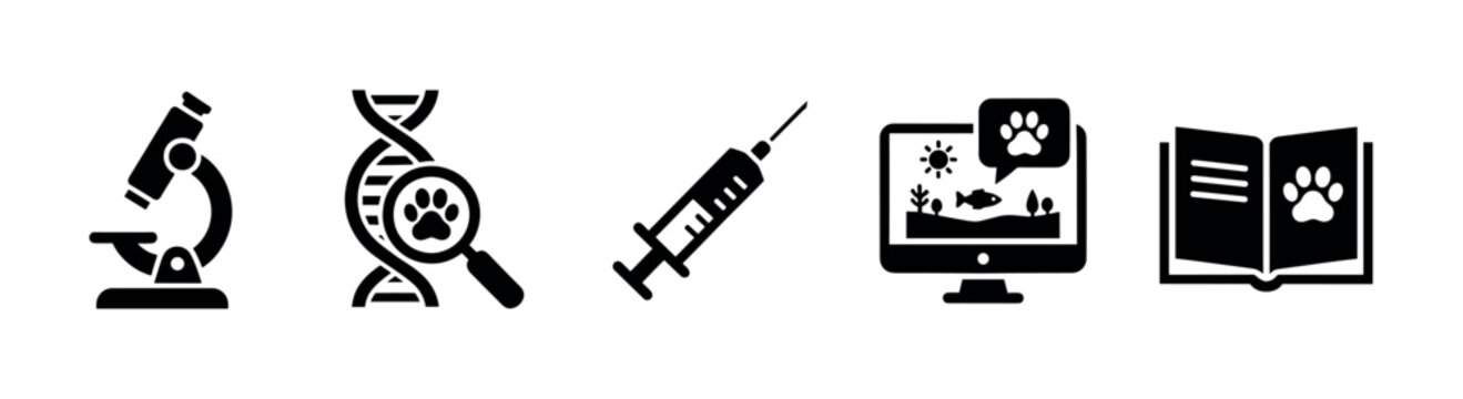 Veterinary science icons set representing animal health, research, and care concepts for medical and educational purposes.