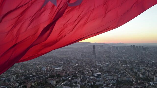 Turkish Flag in the Foggy Morning Drone Video Uskudar, Istanbul Turkiye (Turkey)	