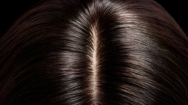 Dark human hair growing from a clean scalp