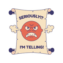 Angry Red Face Cartoon Character on Antique Parchment Scroll