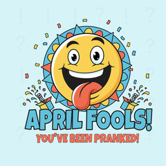 April Fools Day Celebration Mascot with Tongue Out and Surprise Box with Spring