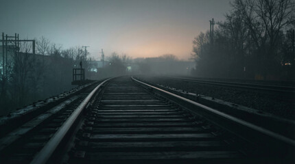 Train tracks curving through foggy industrial landscape, moody atmosphere