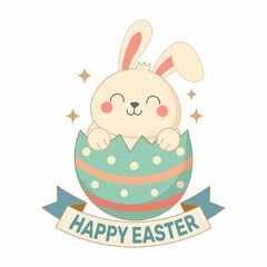 Cute Bunny Popping Out of Polka Dot Egg with Happy Easter Ribbon