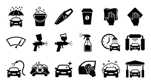 Set of black car wash service icons including detailing tools, washing process and protection concept for auto detailing shop, car cleaning business and automotive repair marketing