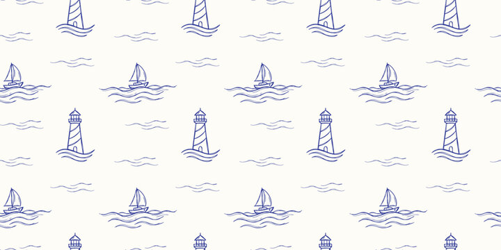 Nautical Blue Lighthouse and Sailboat Seamless Pattern, Coastal Maritime Vector Illustration for Summer Beach Decor and Childrens Nursery