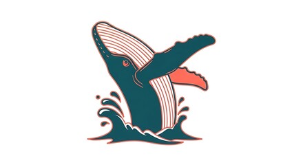 Naklejka premium A cartoon-style illustration of a humpback whale breaching out of the water, with a minimalist design and a white background