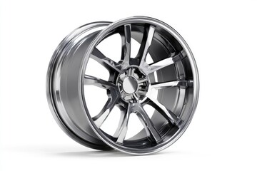 Obraz premium A sleek chrome-plated automotive wheel with intricate spokes positioned at an angle on a plain white surface