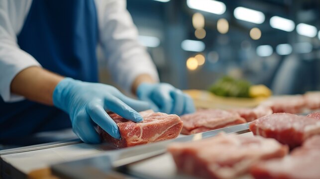 Industrial meat processing facility worker operating automated portioning and packaging line with hygiene standards, perfect for food processing manufacturing, meat production, hygiene technology,