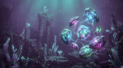 Fototapeta premium Fantasy background with magic crystals against blurred underwater ruins
