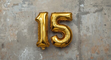 Fototapeta premium Elegant golden foil balloon 15 on a rustic concrete background ideal for anniversary banners with customization