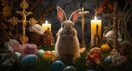 Obraz premium Easter Bunny Amid Christian Symbols Representing Resurrection Truth