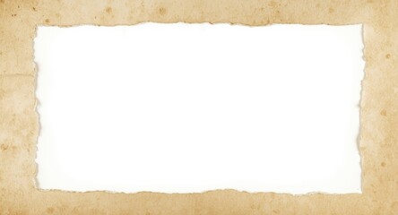 Fototapeta premium Aged paper featuring uneven torn borders and stain marks on bright white backdrop for design copy space