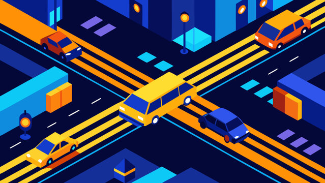 Isometric city intersection with cars bus and buildings at night vibrant urban traffic illustration