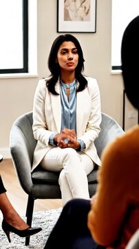 Confident businesswoman in a modern office setting shares her insights during an interview or panel discussion conveying leadership and expertise