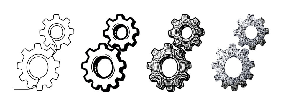 Four pairs of gears illustrated in various artistic styles, showcasing different graphic techniques for mechanical concepts and industrial design.