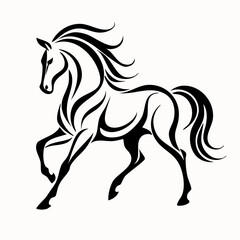 Obraz premium A wild black stallion silhouette vector illustration depicts a powerful mustang mammal running at full speed with a flowing mane and tail isolated on a white background for equestrian nature design