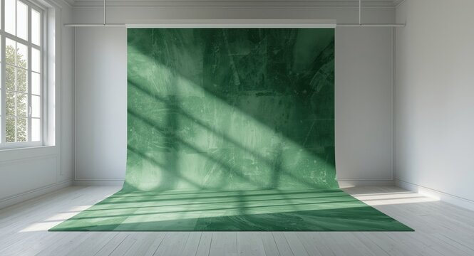 Abstract green studio backdrop in vacant room enhanced by window shadows for product photography