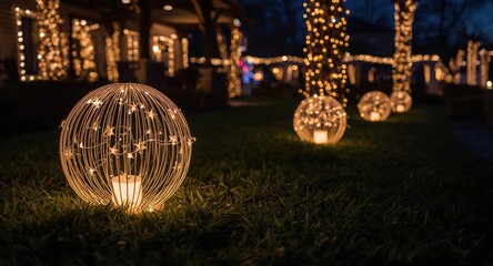Obraz premium Decorative glowing orbs illuminating outdoor areas with warm light for Christmas festivities
