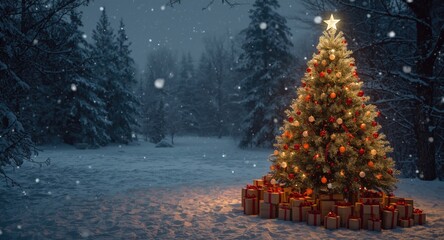 Fototapeta premium Cozy winter festival image with a decorated Christmas tree and a soft snowy landscape