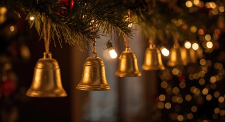 Obraz premium Charming festive setup with bright bells hanging from a decorative display for celebrations