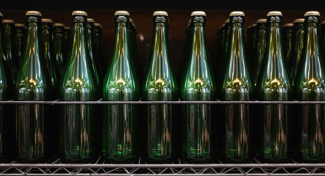 Display of empty green glass bottles perfectly arranged on a metal rack