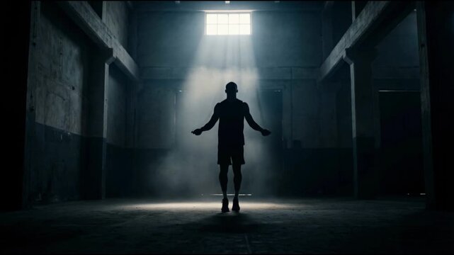 Silhouette of a Man Jumping Rope in Dark Gym