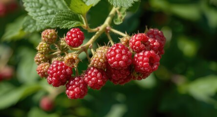 Bright ripe raspberry clusters on a lively garden bush in summer